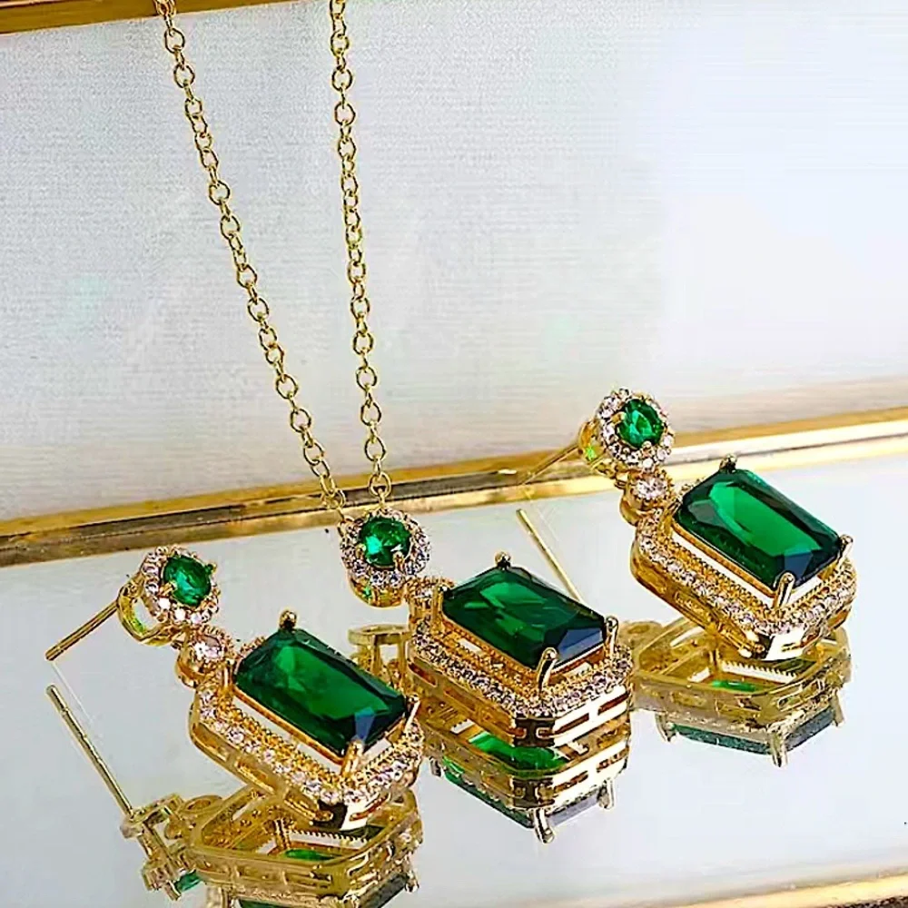 Emerald Gold Plated Zircon Charm Pendant Necklace Matching Earrings Set